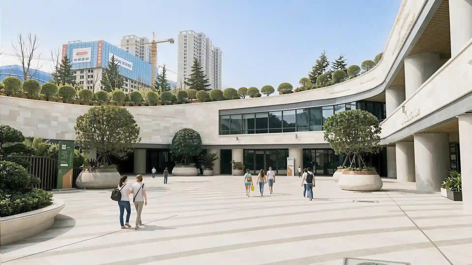 Large outdoor commercial planters with factory-engineered drainage holes protecting landscape assets in a public plaza